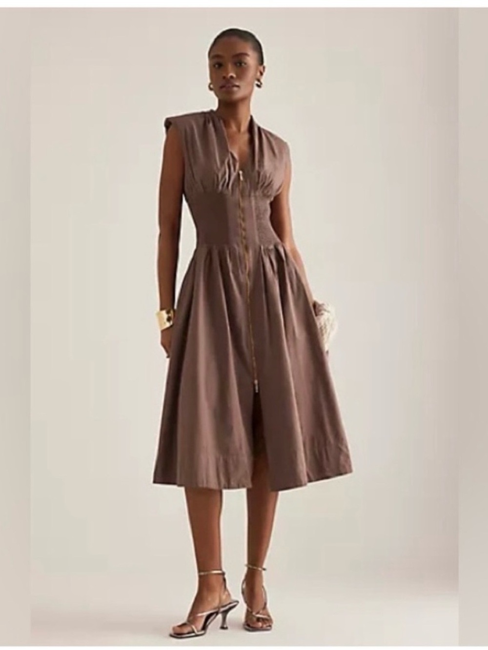 Anthropologie Sleeveless Brown Midi Dress with Zipper Front
